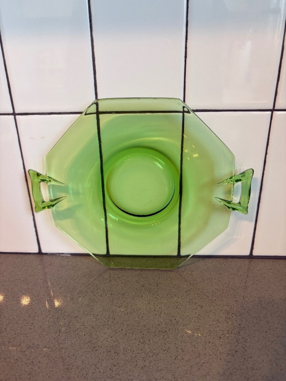 Vintage / antique Depression glass 8 sided plate with handles - green